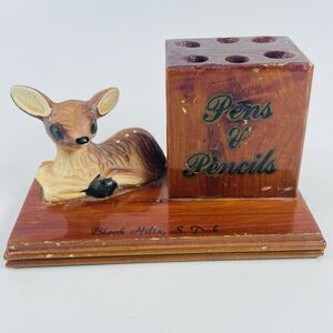 Black Hills SD Deer Fawn Wood Pen Pencil Holder Midcentury Vintage Souvenir